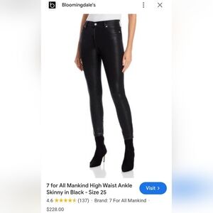 7 For All Mankind sz 29 black faux leather skinny jeans women's. Polyester/spand